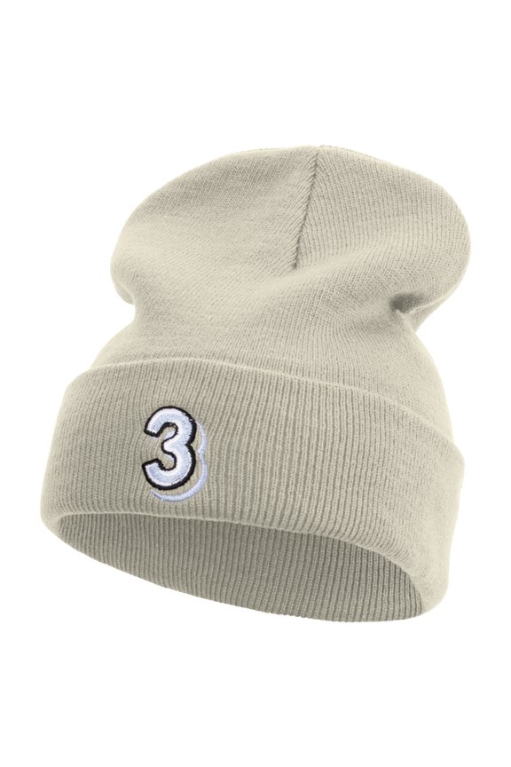 Number 3 Embroidered 12 Inch Long Knitted Beanie - Birch OSFM