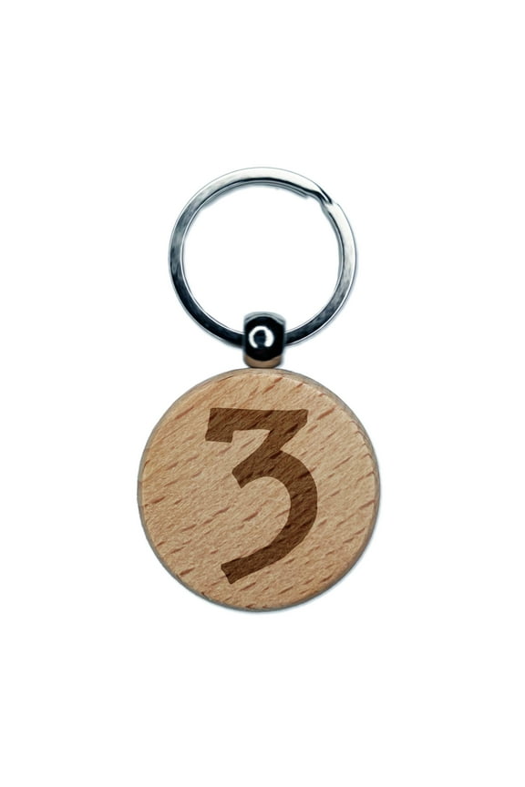 Number 3 Three Cute Typewriter Font Round Keychain Charm Tag - Engraved Wood
