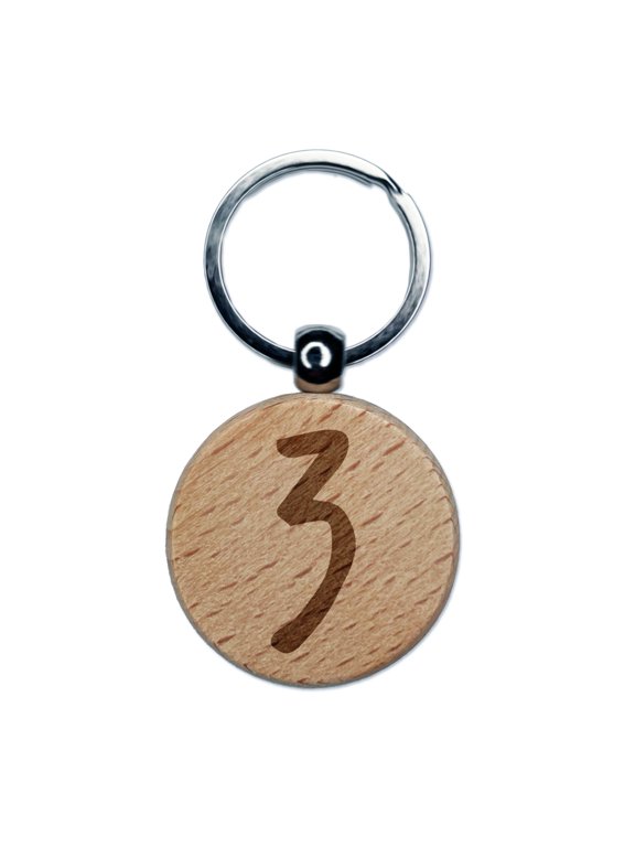 Number 3 Three Felt Marker Font Round Keychain Charm Tag - Engraved Wood