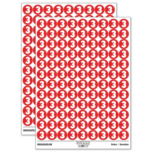 Number 3 Three Fun Bold Font 200+ Round Stickers - Red - Matte Finish - 0.50" Size
