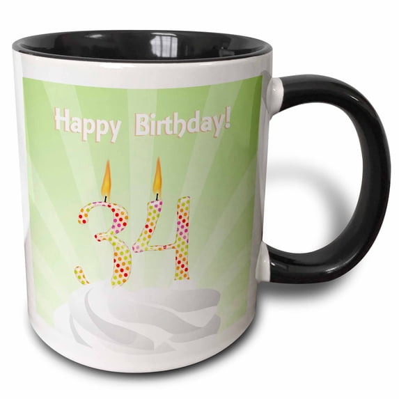 3drose, Number 34 Candle with Colorful Dots on Top of Whipped Icing, Happy Birthday, 11oz Two-tone Black Mug