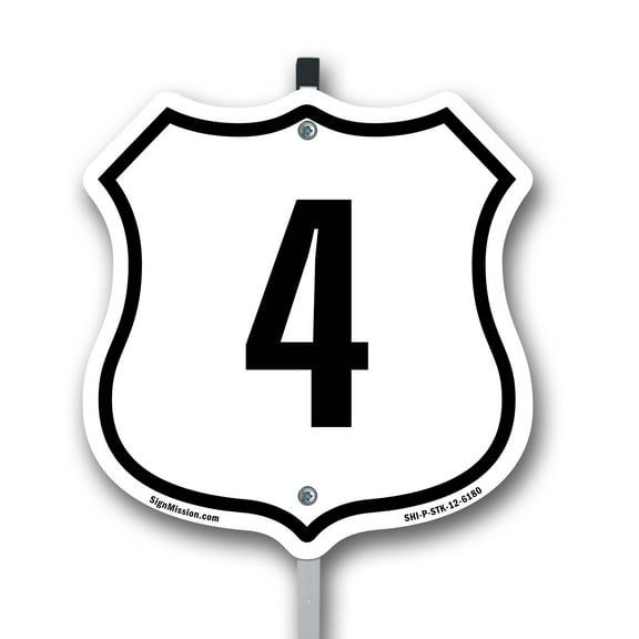Number 4 12 inch X 12 inch Shield Shaped Rust-Free Aluminum Metal Sign with Aluminum Mounting Stake Weather Resistant Made in the USA