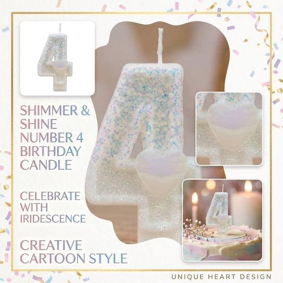 Number 4 Birthday Candle Iridescent Glitter Heart Accent 4Th Birthday Cake Candle for Fourth Birthday Party Decorations