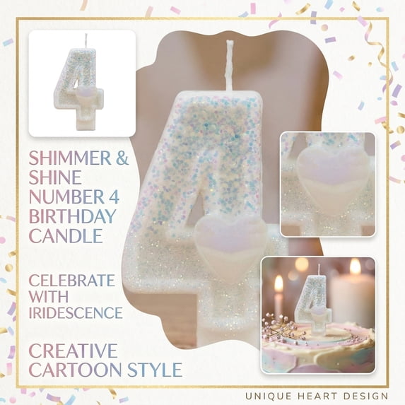 Number 4 Birthday Candle Iridescent Glitter Heart Accent 4Th Birthday Cake Candle for Fourth Birthday Party Decorations
