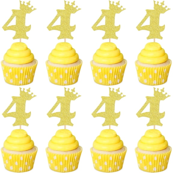 Number 4 Cupcake Toppers, Gold Glitter, 4th Birthday Party Decorations, Crown Style, 12 Pack