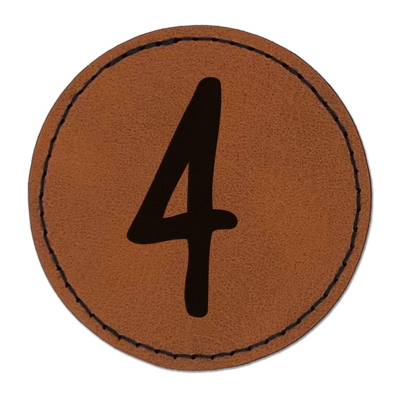 Number 4 Four Felt Marker Font 2.5" Faux Leather Round Engraved Iron-On Patch - Brown