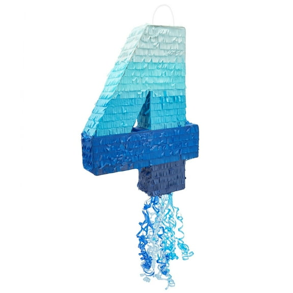 BLUE PANDA Pull String Pinata - Corrugated & Number 4 Pinata - Ombre Blue Tissue & 4 Year Old Birthday Decor - Easy Fill & 4 Year Old Boy Fun - Number 4, Ombre Blue - 16.5 x 12 x 3 in