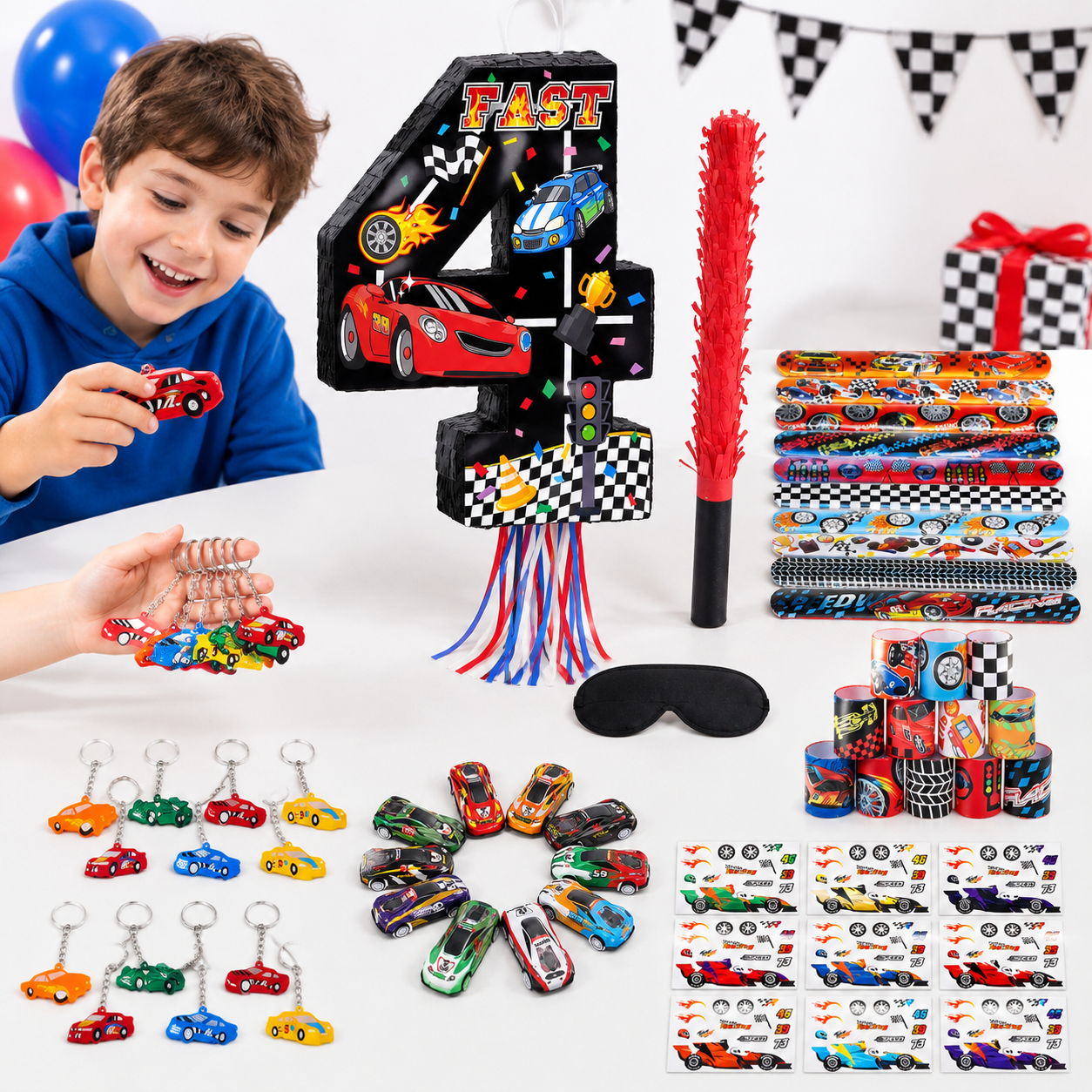 Number 4 Race Car Pinata Set with Stick, Blindfold, and Themed Party ...