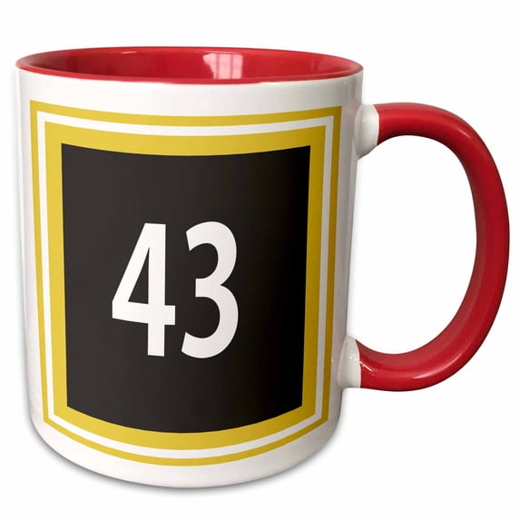 3drose, Number 43 in White on Dark Gray Background Trimmed in Gold and White, 11oz Two-tone Red Mug