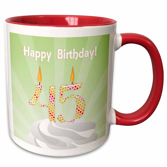 3drose, Number 45 Candle with Colorful Dots on Top of Whipped Icing, Happy Birthday, 15oz Two-tone Red Mug