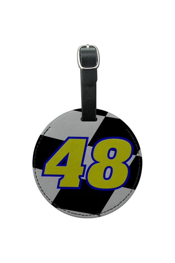 Number 48 Checkered Flag Racing Round Leather Luggage ID Tag Suitcase Carry-On