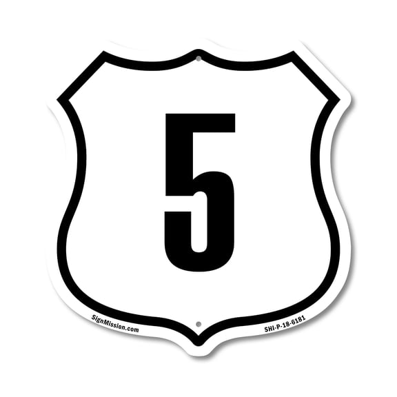 Number 5 (5 Pack) 12 inch X 12 inch Shield-Shaped Rust-Free Aluminum Metal Signs Weather Resistant Made in the USA