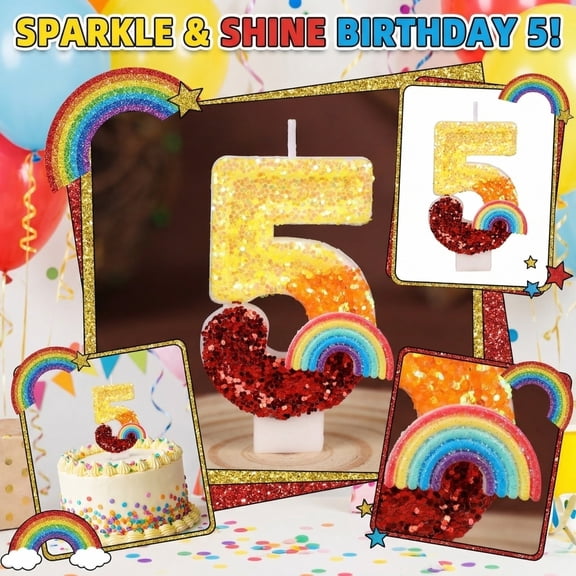 Number 5 Birthday Candle, Glitter Rainbow Cartoon, 1 Piece, for Birthday Party Cake Decoration