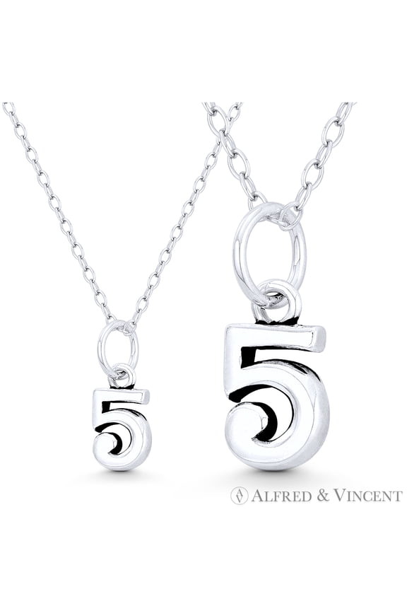 Number "5" Charm Numerical Charm Pendant & Chain Necklace in Oxidized .925 Sterling Silver