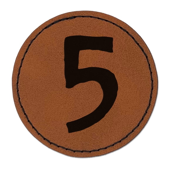 Number 5 Five Cute Typewriter Font 2.5" Faux Leather Round Engraved Iron-On Patch - Brown