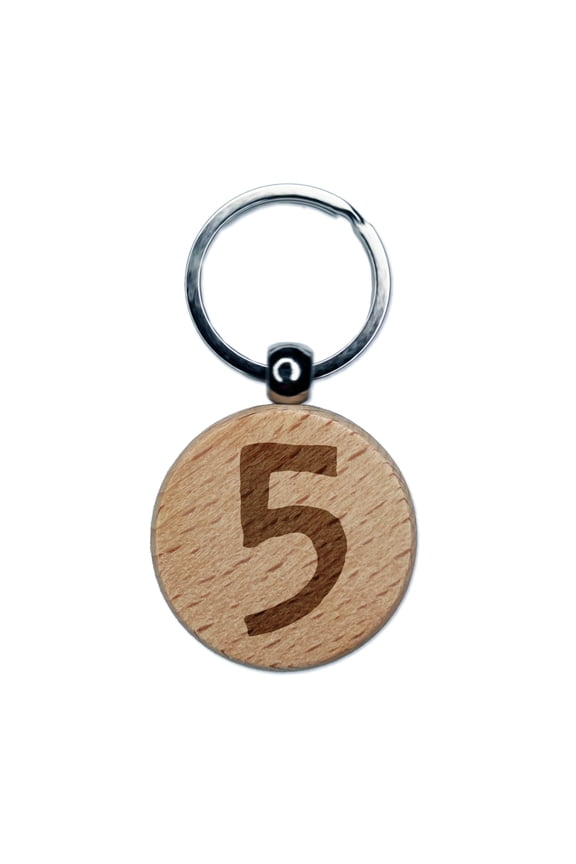 Number 5 Five Cute Typewriter Font Round Keychain Charm Tag - Engraved Wood