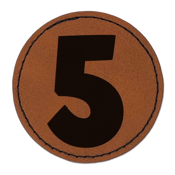Number 5 Five Fun Bold Font 2.5" Faux Leather Round Engraved Iron-On Patch - Brown