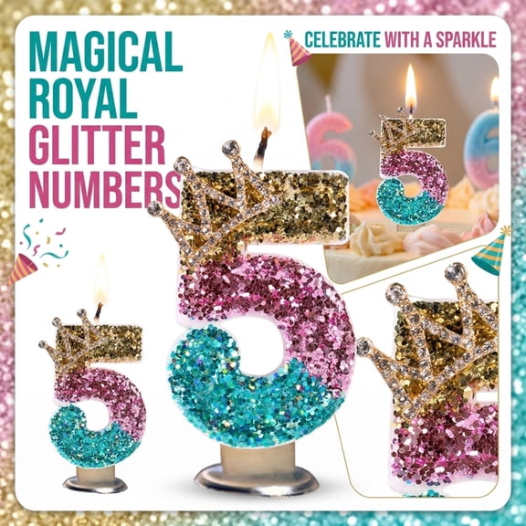 Number 5 Glitter Birthday Candle with Crown, 5Th Birthday Cake Topper for Birthday Party, Pastel Pink Teal Gold Party Decoration