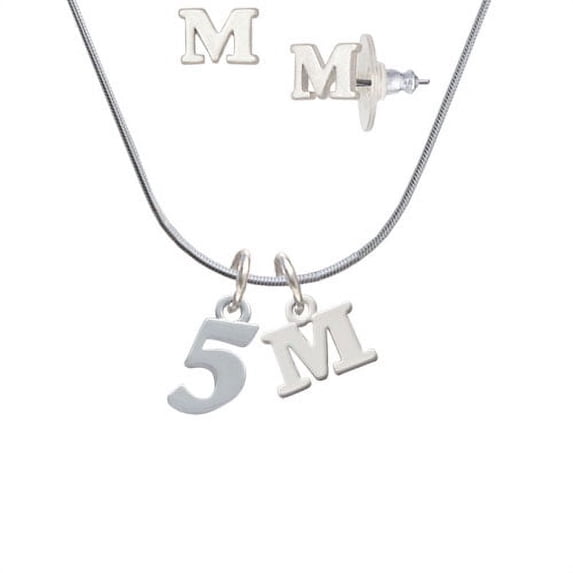 Number - 5 - - M Initial Charm Necklace and Stud Earrings Jewelry Set