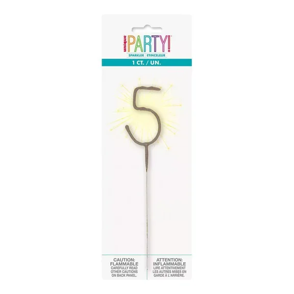 Number 5 Sparkler Flame Cake Candle: Gold Birthday Candle by Unique Industries, 7" Wax, Holiday Theme