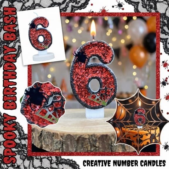 Number 6 Birthday Candle, Glittered Halloween Candle, Halloween Decorations, Themed Birthday Party Decorations, Decorative Cake Topper for 6Th Birthday Spooky Themed Celebration