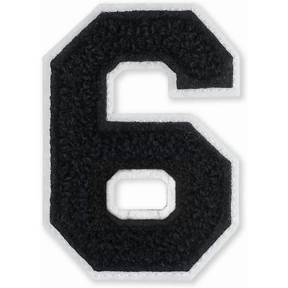Number 6 - Chenille Embroidery Varsity Iron-On Patch by pc, 2-1/2", TR-12244 (Black/White)