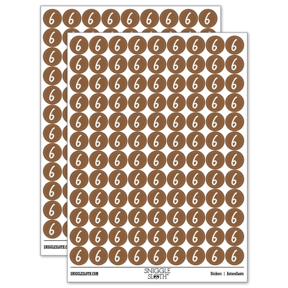 Number 6 Six Felt Marker Font 200+ Round Stickers - Brown - Gloss Finish - 0.50" Size
