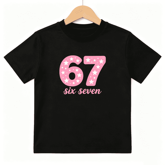 Number 67 Six Seven Star Girls Graphic Tee, Cute Pink Birthday 100% Cotton Kids Short Sleeve T-Shirt 4-13Y