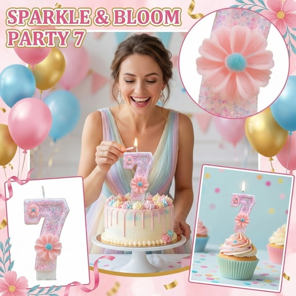 Number 7 Birthday Candle, Pink Flower Glitter Design, 1 Piece, 7th Birthday Party Cake Decoration