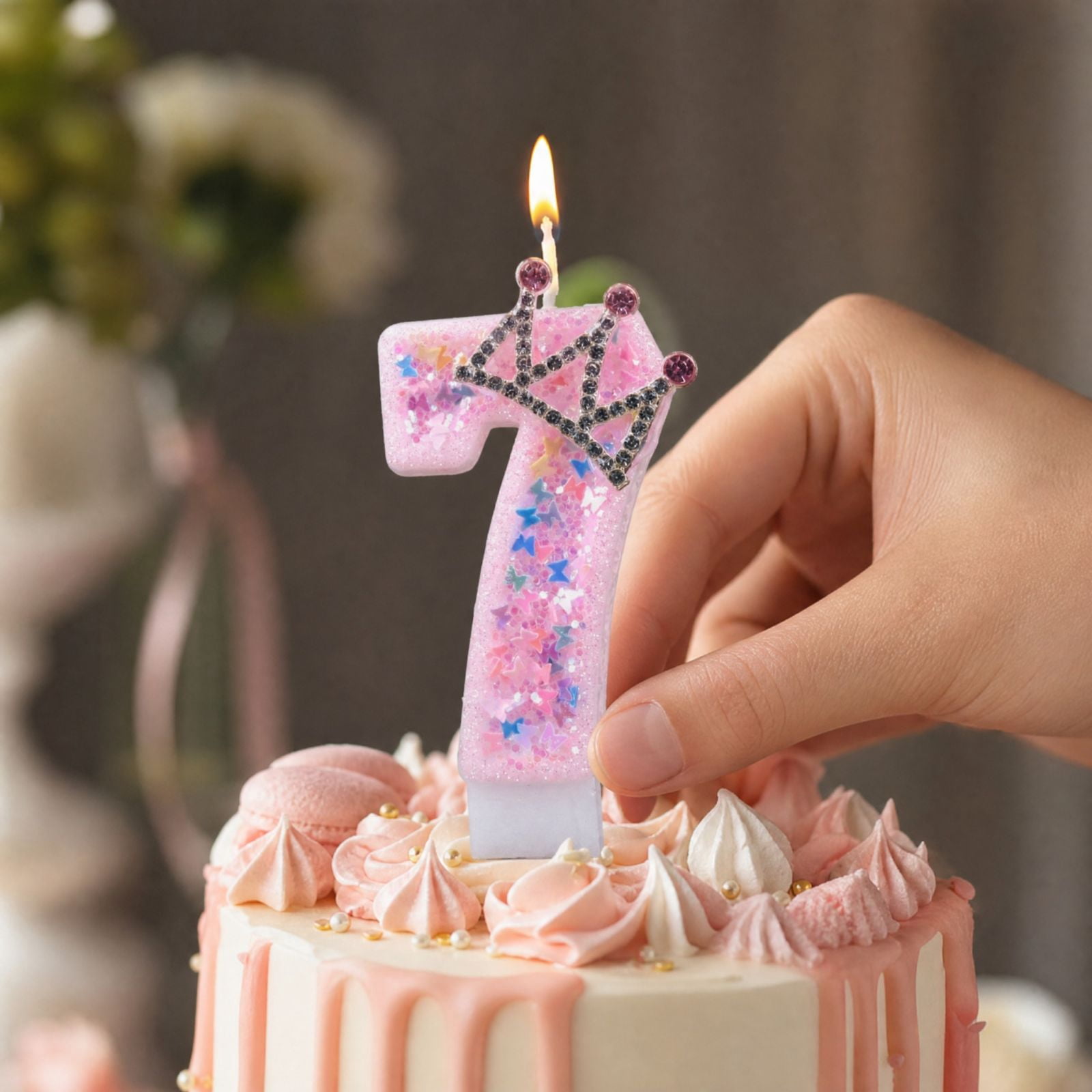 Number 7 Birthday Candle with Glitter Stars and Rhinestone Crown ...