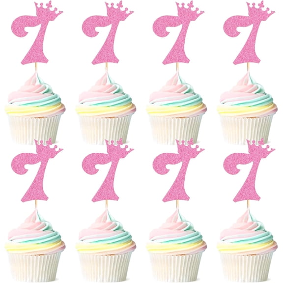 Number 7 Cupcake Toppers, Pink Glitter, 7th Birthday Party Decorations, 12 Pack