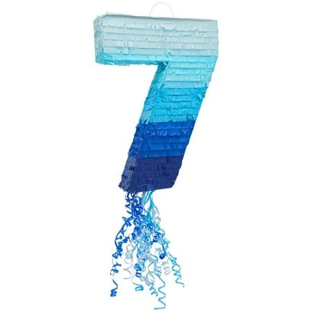 BLUE PANDA 7 Pinata Pull String Party Activity - Ombre Blue, 16.5 x 11.35 in - Easy-Fill Birthday Pinata for 7 Year Old Boys & Party Decoration