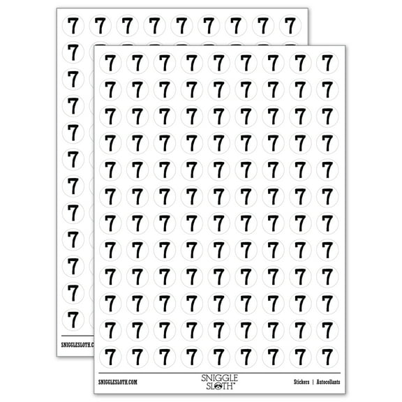 Number 7 Seven Cute Typewriter Font 200+ Round Stickers - White - Gloss Finish - 0.50" Size
