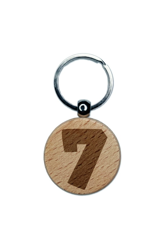Number 7 Seven Fun Bold Font Round Keychain Charm Tag - Engraved Wood