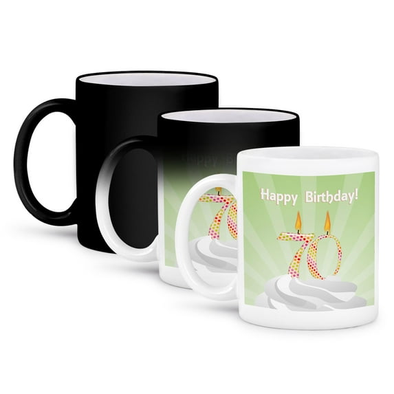 3dRose, Number 70 Candle with Colorful Dots on Top of Whipped Icing, Happy Birthday, 11oz Magic Transforming Mug