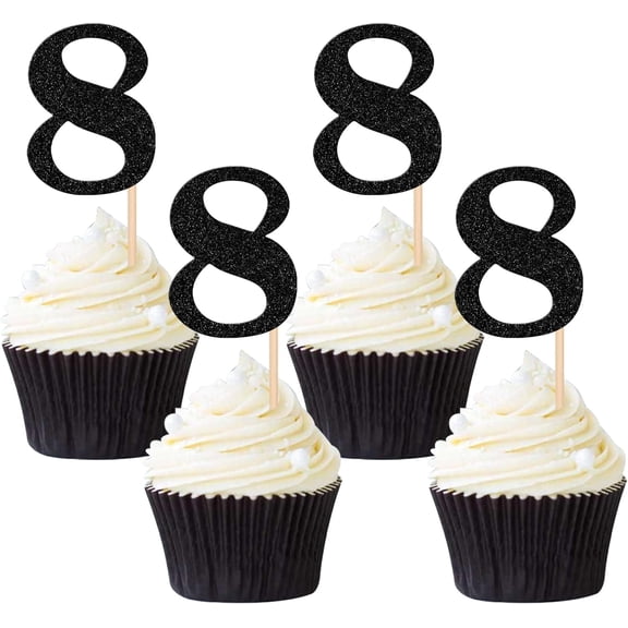 Number 8 Cupcake Toppers - Black Glitter 8th Birthday Cupcake Picks for Kids 8th Birthday Party Decorations, Pack of 12