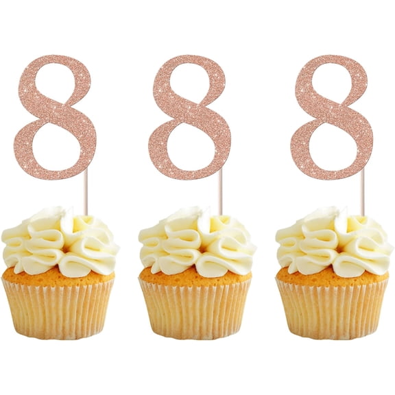 Number 8 Cupcake Toppers, Rose Gold Glitter 8th Birthday Cupcake Picks, 12 Pack, Kids Birthday Party Decorations