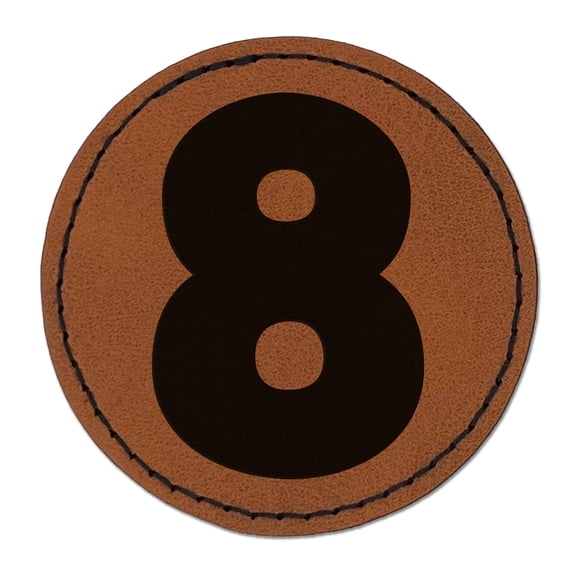 Number 8 Eight Fun Bold Font 2.5" Faux Leather Round Engraved Iron-On Patch - Brown