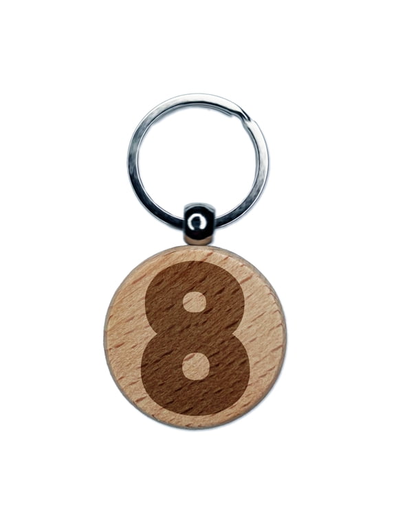 Number 8 Eight Fun Bold Font Round Keychain Charm Tag - Engraved Wood