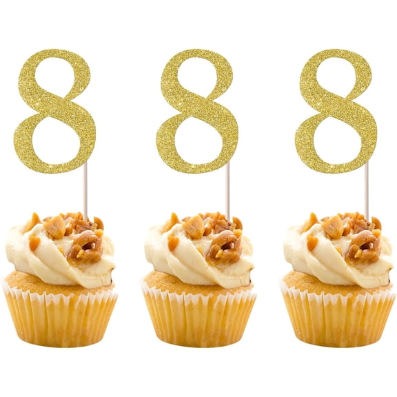 Number 8 Glitter Cupcake Toppers, Gold, 8th Birthday Party Decorations, 12 Pack