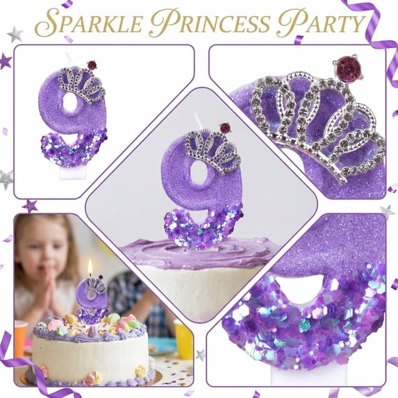 Number 9 Birthday Candle, Glitter Purple with Crown Decoration, 1 Piece, for Princess Themed Birthday Party Cake Topper