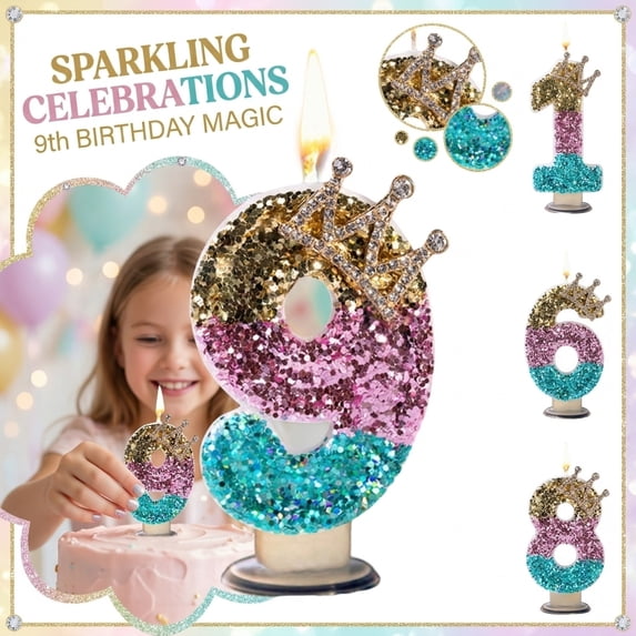 Number 9 Glitter Birthday Candle with Crown Topper for 9Th Birthday Cake Decorations for Girls Party