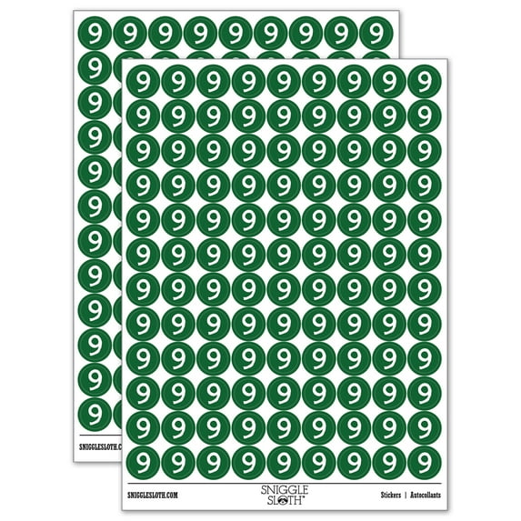 Number 9 Nine Cute Typewriter Font 200+ Round Stickers - Dark Green - Matte Finish - 0.50" Size