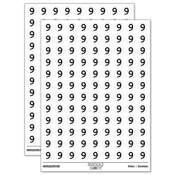 Number 9 Nine Cute Typewriter Font 200+ Round Stickers - White - Gloss Finish - 0.50" Size