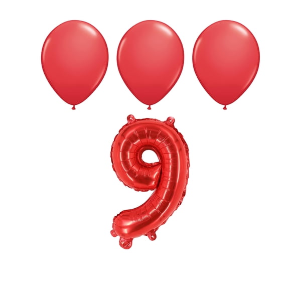 Number 9 Red Balloon 32 Inch Foil Mylar Birthday Milestone 3 Matching Red Latex Balloons