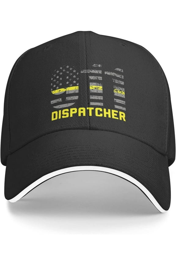 Number 911 Dispatcher Thin Gold Yellow Line Dispatch American Flag Baseball Cap Adjustable Fashion Casquette Casual Duck Tongue Hat for Men Women65, Black