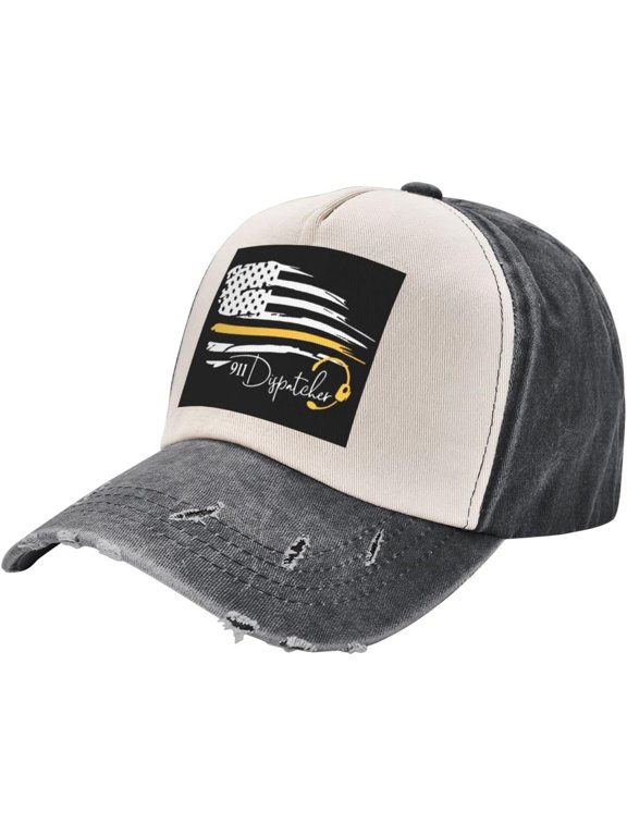 Number 911 Dispatcher Thin Gold Yellow Line Dispatch American Flag Washed Baseball Caps Fusion Flowing Colors Adventurous Spirit