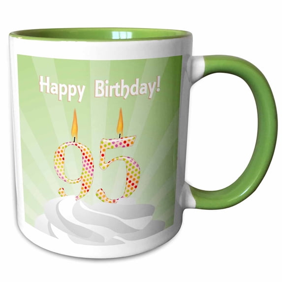 3drose, Number 95 Candle with Colorful Dots on Top of Whipped Icing, Happy Birthday, 11oz Two-tone Green Mug