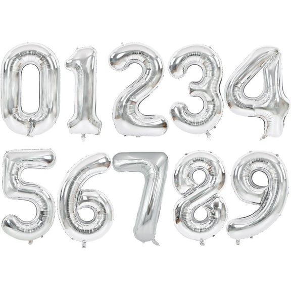 Number Balloons 16 Inch Silver 0-9 Number Mylar Foil Balloons 10 Pcs Silver Custom Digital Balloons for Birthday Party Engagement Graduations Anniversary Baby Shower Decor Party Supplies