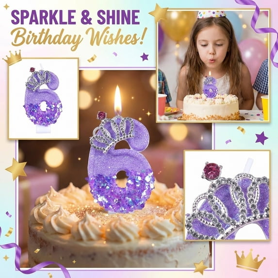 Number Birthday Candle, Glitter Rhinestone Crown, 1 Piece,Suitable for Kids Birthday Party Cake Decoration